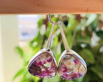 Silver sterling 925 triangle dangle handmade earrings with the real dried flowers from Holy Land, resin earrings, gift for her