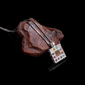 Square Hoshen with 12 stones necklace, Jewish jewelry, sterling silver pendant with Nano Bible sim, Old Hebrew Bible, Holy Land
