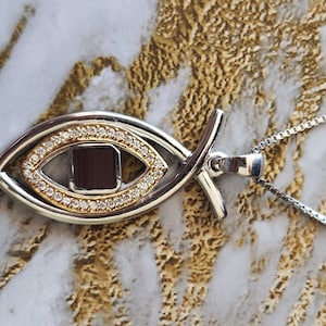 Christian Jewelry, sterling silver necklace with Nano Bible sim, New testament, fish necklace, 9K Gold with Topaz Blue Sky Stones, Holy Land