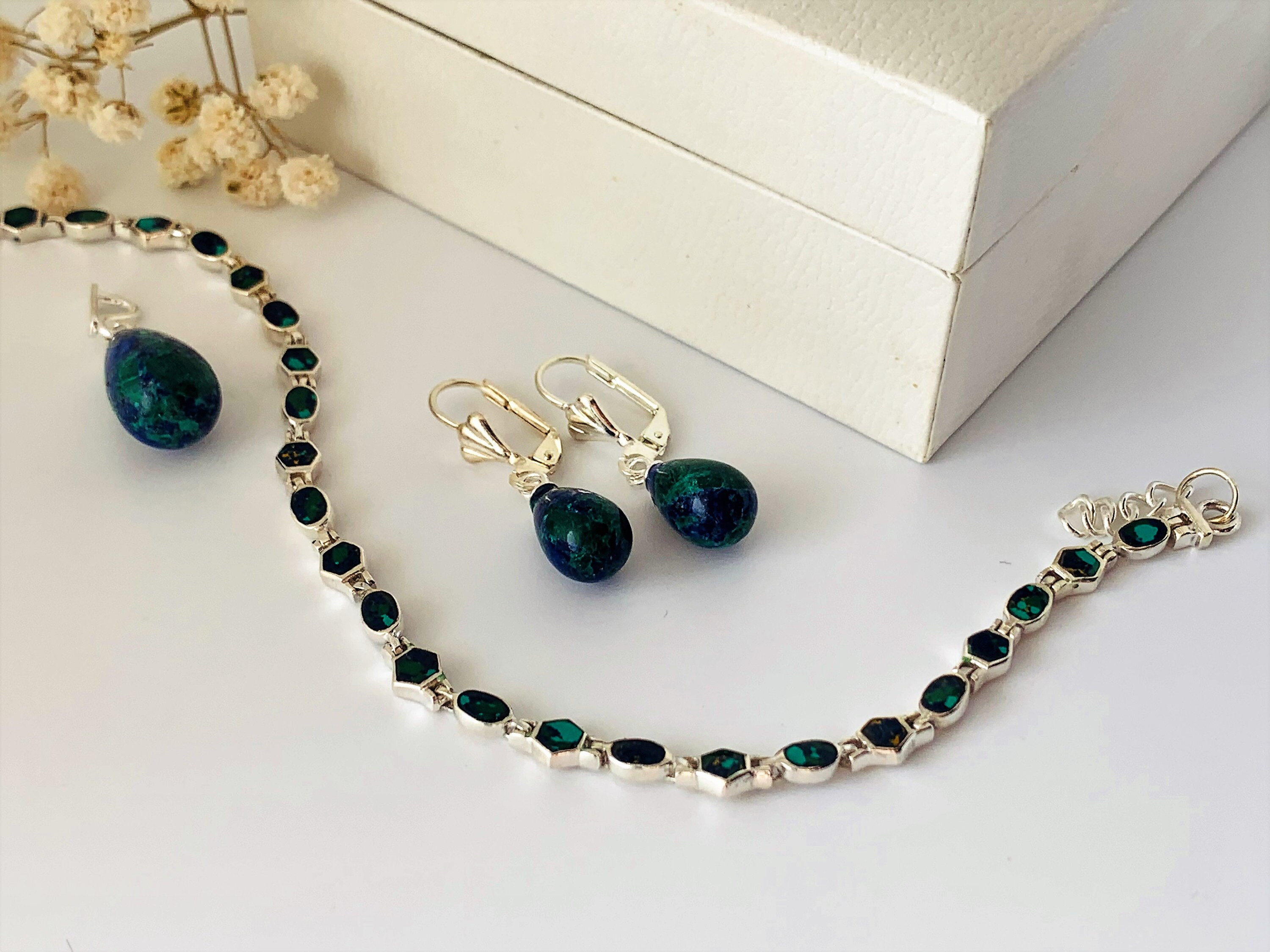 Set of Eilat Stone Bracelet, Drop Pendant and Earrings, sterling silver