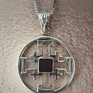 Cross necklace , sterling silver round jerusalem cross necklace with Nano Bible sim , new testament , Bible verse necklace , Holy Land