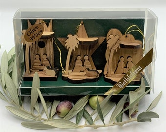 SALE! Nativity set, wooden christmas ornaments, holiday decor, olive wood three caves for christmas tree, holy land, made in Israel