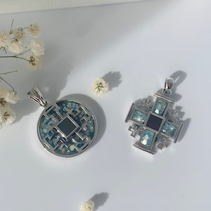 Set of 2 Christian Necklace, sterling silver square jerusalem cross pendants with Nano Bible sim , new testament , Eilat stone+Roman glass