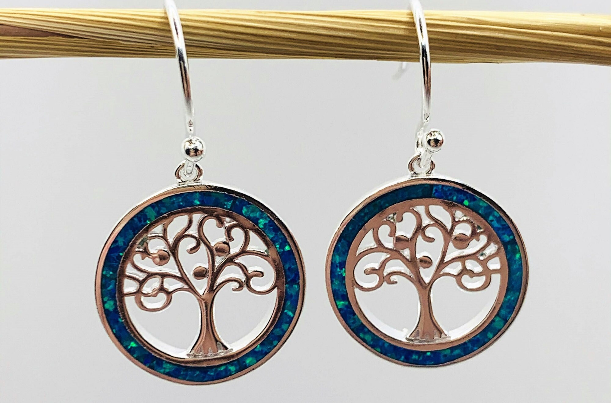Set of Blue Opal Tree of Life Silver Pendant and Silver Earrings, 925 ...