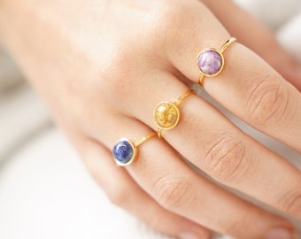 14K Gold Plated Silver sterling 925 ring with the real dried flowers from Holy Land, Round, Gift for her