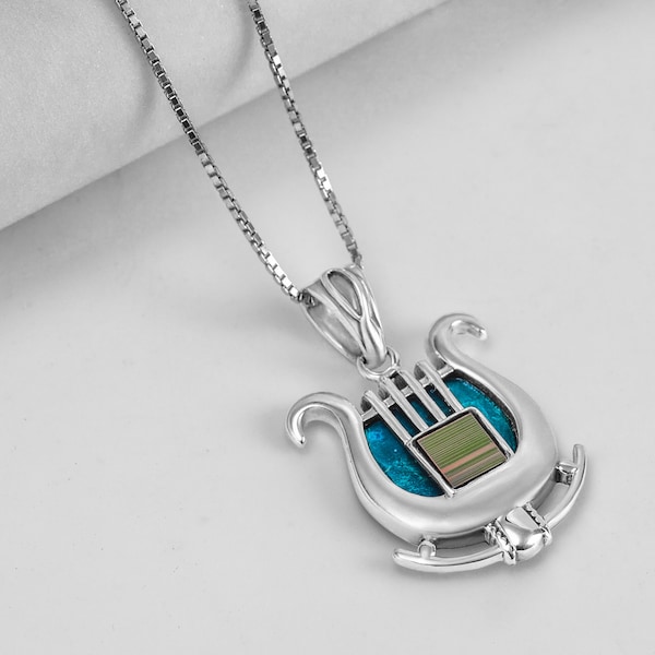 Christian necklace , sterling silver necklace with Nano Bible sim, old Hebrew Bible, David's harp, Roman glass, Holy Land, Israeli jewelry