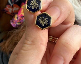 Silver sterling 925/Gold plated earrings with the real dried flowers from Holy Land, Octagonal, Flowers resin pendant