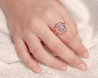 14K gold plated 925 Sterling Silver Christian jewelry handmade ring with real and dried flowers from the Holy Land, Drop shaped ring