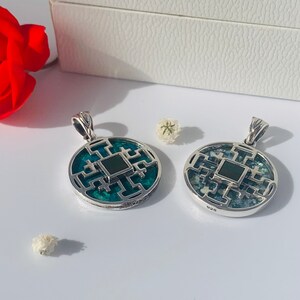 Set of 2 Christian Necklace, sterling silver round jerusalem cross necklaces with Nano Bible sim , new testament , Eilat stone+Roman glass