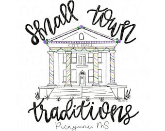 May include: Black and white illustration of a building labeled "City Hall" with the words "Small Town Traditions" above and below. The text "Picayune, MS" is below the word "traditions". The building is decorated with purple, green, and gold beads.
