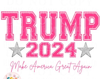 Op de afbeelding: Roze en wit grafisch ontwerp met de tekst "TRUMP 2024" en de zin "Make America Great Again".