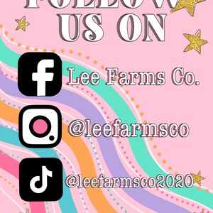 Pu&ograve; includere: Uno sfondo rosa con le parole "FOLLOW US ON" in bianco e nero. L'immagine include le icone dei social media per Facebook, Instagram e TikTok, insieme al nome utente @leefarmsco. Stelle glitterate dorate decorano l'immagine.