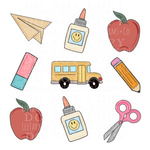 K&ouml;nnte beinhalten: Ein Set bunter Schulmaterialien, darunter ein gelber Schulbus, ein roter Apfel, ein Bleistift, eine Schere, eine Klebeflasche, ein Radiergummi und ein Papierflugzeug.
