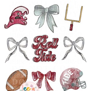 May include: A set of digital clipart images featuring a football helmet, football, and various bows in red and gray. The text "Roll Tide" is also included in the set.