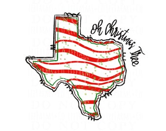 Puede incluir: Un gráfico del estado de Texas con forma de árbol de Navidad. El contorno de Texas es negro con rayas rojas y blancas y detalles en verde. Las palabras "oh Christmas Tree" están escritas en cursiva negra.