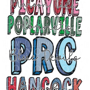 Op de afbeelding: Een kleurrijk grafisch ontwerp met de namen van vijf scholen: Picayune Tide, Poplarville Hornets, PRC Blue Devils en Hancock Hawks. De namen zijn geschreven in een vetgedrukt, cartoonachtig lettertype met een 3D-effect.