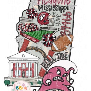 Puede incluir: Una ilustración digital de una mascota roja y blanca con las palabras "Roll Tide" en un círculo blanco. La mascota está frente a un edificio del ayuntamiento con las palabras "City Hall" sobre el edificio. La ilustración está sobre un fondo de un campo de fútbol, un balón de fútbol y una pom-pom de animadora. Las palabras "Picayune Mississippi" y "June the 39466" también están incluidas en la ilustración.