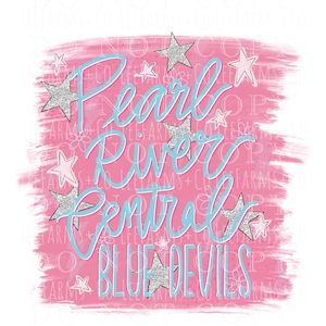 May include: Pink watercolor background with silver glitter stars and the text "Pearl River Central Blue Devils" in blue lettering.