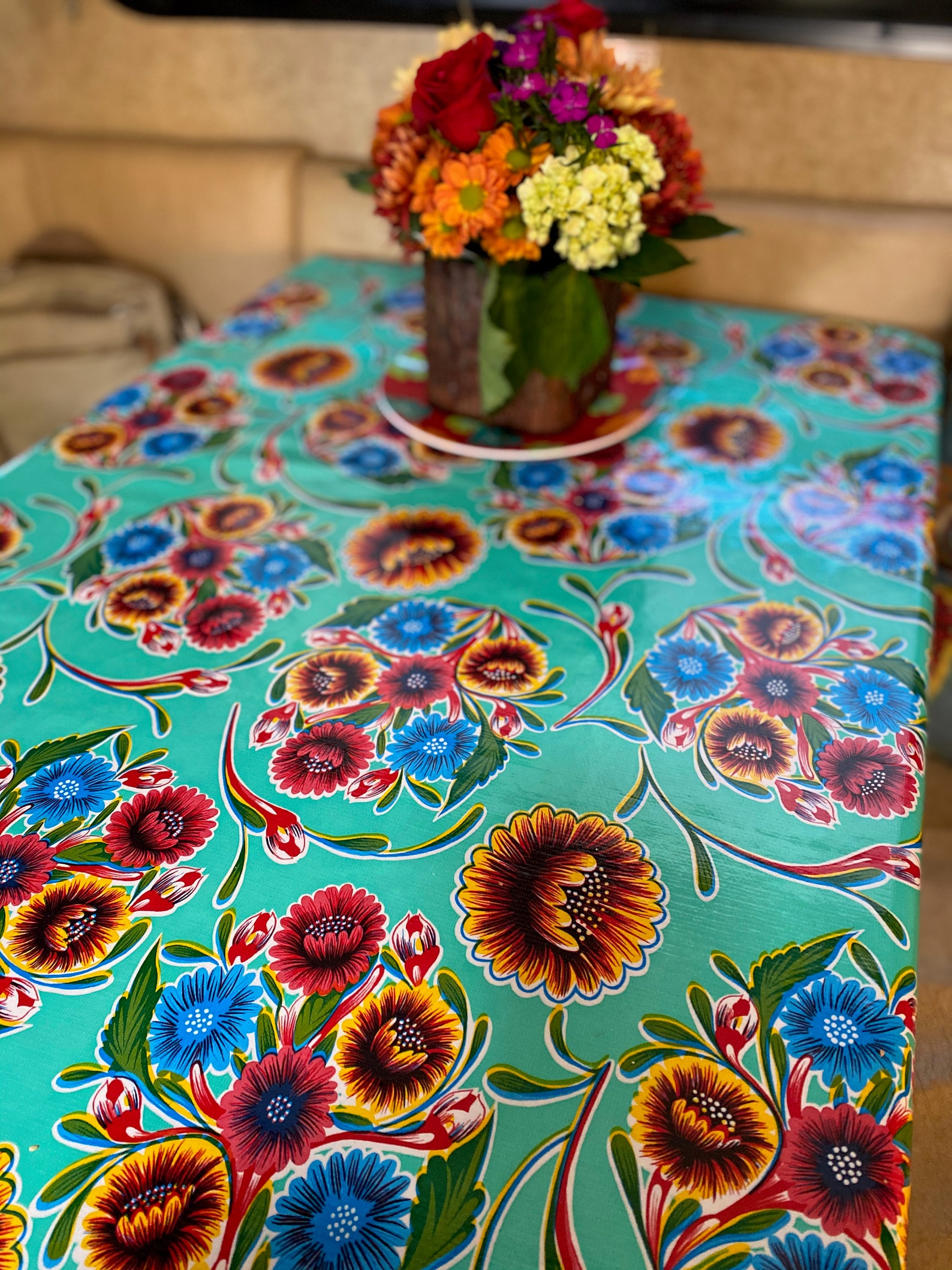 Turquoise Aqua Floral Stunning Mexican Oil Cloth Tablecloth Etsy