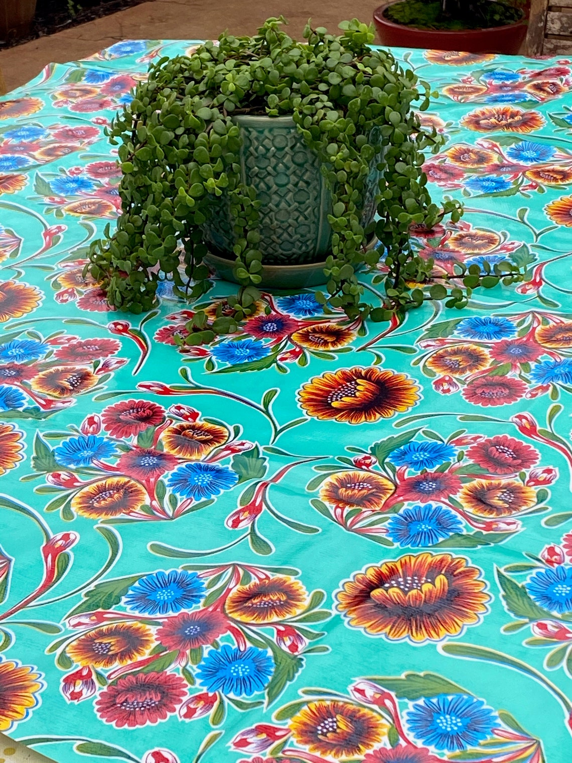 Turquoise Aqua Floral Stunning Mexican Oil Cloth Tablecloth Etsy