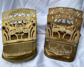 Antique Pair of Art Noveau Brass Letter Holder,German Brass Foldable Letter Rack Holder With Stamps Holder. Late 19Th Century  Letter Holder