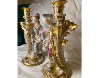 Large pair of porcelain candlesticks, Antique candleholders, French candlesticks, Porcelain antique candlestick, Unique candleholders