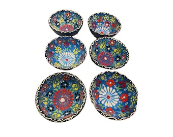 Set of 6 -Turkish Ceramic Bowls,8 cm( 3.2 inch ),Blue,/Bowls for Snack,Tapas,Dessert, Nuts,Olive,Soy Sauce,Butter,Unique Housewarming Gifts