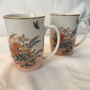 Vintage Oriental White Porcelain Japanese Floral Orange Chrysanthemum and Pink Hue Elegant Gilded Cup with Butterflies | East Asian Decor