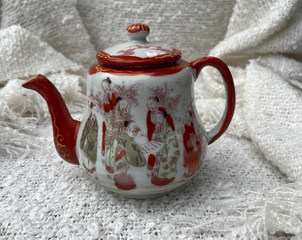 Antique Japanese Porcelain Teapot: Coral Red, Decorative Teaware