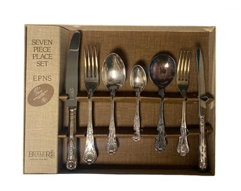 Butler Cutlery Vintage Old English Seven Piece Place Set, EPNS, Conjunto de siete, Conjunto de servicio antiguo, Conjunto de servicio inglés, Regalo de bienvenida