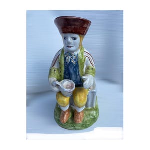 Toby Jug, Majolica Jug, Portuguese Hand Sculpted Earthenware, Hand Painted Decorative Faience, Vintage Flower Jug, Collectible Flower Jug