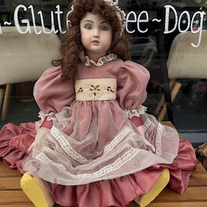 Vintage Porcelain Doll in a Pink Victorian Dress with Lace details, Curly hair, and Pearl tiara, Decor Dolls,French Style Doll, Antique Doll