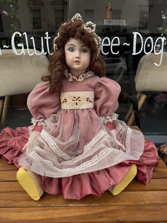 Vintage Porcelain Doll in a Pink Victorian Dress With Lace Details