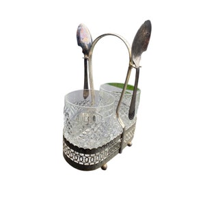 Vintage Glass Double Caddy Cup Pickle Condiment Bar Ware Set Silverplated Castor