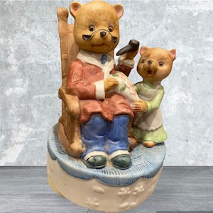 Papa Bear In Rocking Chair With Young Girl Bear Music Box Figurine , Vintage Music Box , Unique Music Box