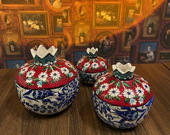 Red and Blue Ceramic Pomegranate Vase Set of 3, Home Decor, Hand Made Turkish Ceramic, Handpainted, Fine Art Ceramic, Housewarming Gift