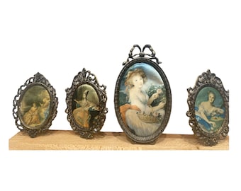 4 Pictures Brass Frame Wall Decoration Brass Oval VintagePicture Frame60s lorentine Photo Frame Fabric Printing Silk , Mother&#39;s Day Gift
