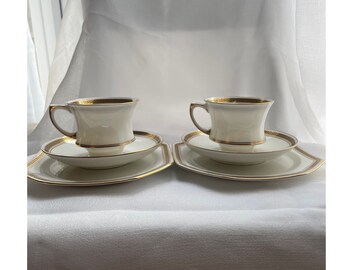 Paire de tasses à thé et soucoupes anciennes PARAGON, motif CLÉ grec, lot de 2 tasses à thé et soucoupes, années 1920, étonnamment en parfait état