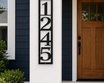 Vertical Metal House Number Sign, Modern Address Plaque, Custom Numbers