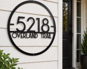 Modern House Numbers Sign, Round Metal Address Plaque,  Custom Address Sign for Outdoor