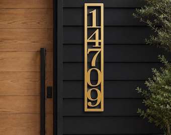 Gold Metal House Number Sign, Vertical Address Plaque, Modern House Numbers