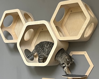Cat hexagon shelf Modern cat furniture Wall mounted cat bed Cat wall shelves Hexagonal cat shelves Cat bed Wall cat tree Cat wall set gift