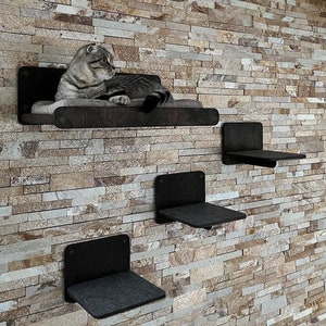 May include: Three black wall-mounted cat shelves with a gray fabric surface. A cat is lying on the top shelf.