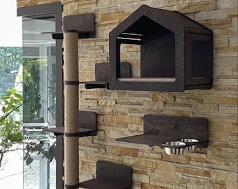 May include: A wall-mounted cat tree with a house-shaped bed, shelves, and a scratching post. The cat tree is made of dark wood and has a natural rope scratching post. The cat tree is mounted on a stone wall.