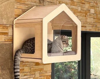 Kattenraamhuis Kattenmandraam Kattenraam Zitstok Meubels voor katten Houten kattenhuis Houten kattenplank Kattenmuurpaal Kattenmuurdoos Kattenmuurboom