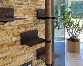 Torre de madeira para gatos, móveis modernos para gatos, condomínio de madeira, presente exclusivo para amantes de gatos, árvore de escalada, parede, árvore de parede, brinquedo para gatos