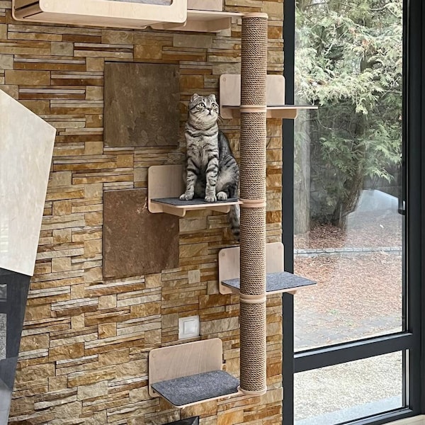 Houten krabpaal Toren Kat klimboom Kattenappartement Houten kattenboom Unieke kattenbomen Luxe kattenliefhebber cadeau Kattenmeubels Katten wanddecor Kattencadeau