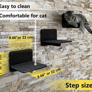 May include: Three black cat shelves mounted on a stone wall. The shelves are 8.66 inches or 22 centimeters wide and 7 inches or 17 centimeters deep. The text "Easy to clean" and "Comfortable for cat" is written above the shelves. The text "Step size" is written below the shelves.