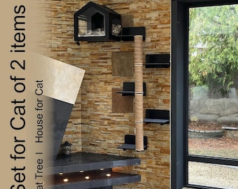Juego de 2 artículos para gatos, caseta de pared para gatos, árbol para gatos de pared, muebles modernos para gatos, árbol para gatos, casa para gatos, estantes de pared para gatos, estante para gatos