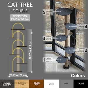May include: A double cat tree with five platforms, including a large top shelf. The platforms are covered in gray felt and the post is wrapped in sisal rope. The tree is 80.7 inches tall and the platforms are 30 inches in diameter. The tree is available in five colors: wenge dark oak, clear oil light, golden oak, white, and gray.